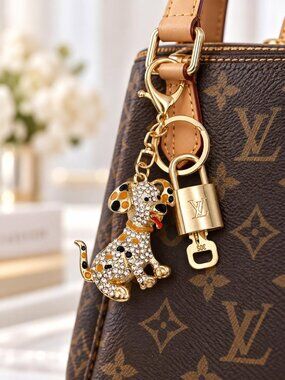 Authentic Louis Vuitton Gold Padlock & Key w/Unbranded Rhinestone Dog Keychain